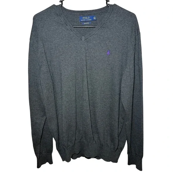 Ralph Lauren V Neck Sweatershirt Mens XL Dark Gray Pima Cotton