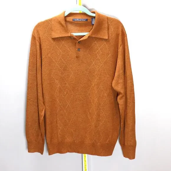 Northern Isles Silk Cashmere‎ Blend Polo Sweater Brown Argyle Men’s Size M