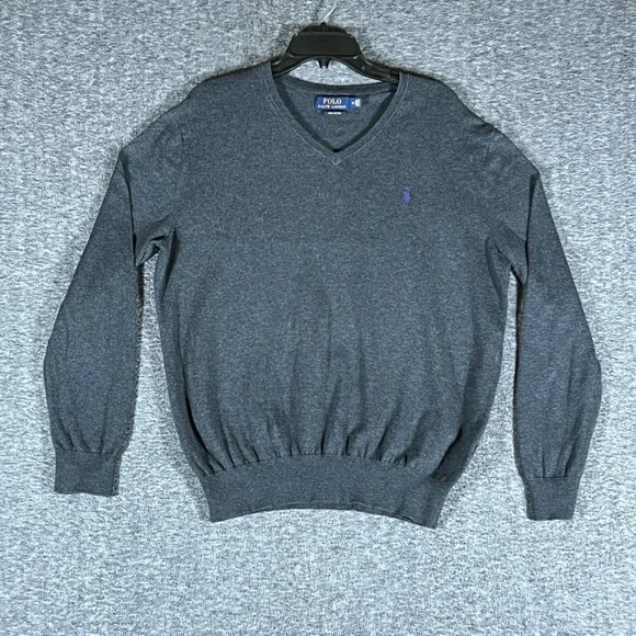 Polo Ralph Lauren Mens V‎ Neck Sweater Dark Gray Pima Cotton Long Sleeve M