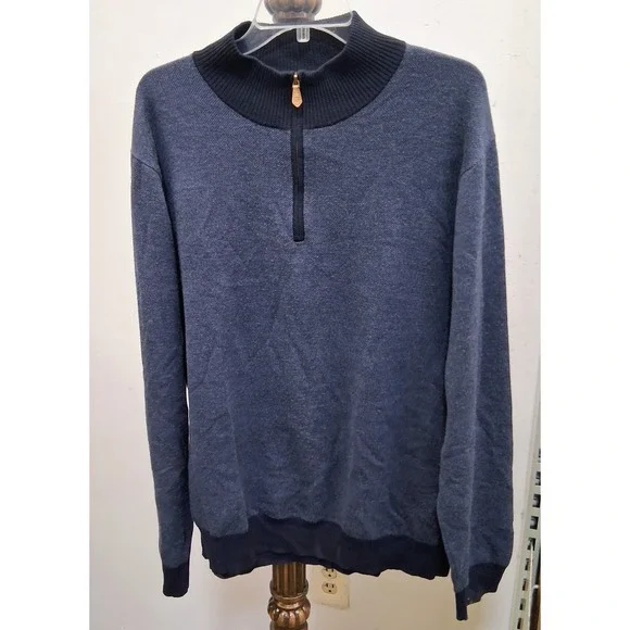 Brooks Brothers 100% Extra Fine Merino Wool Blue 1/4‎ Zip Sweater Men's XXL EUC