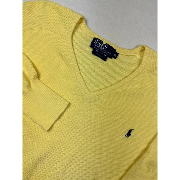 Vintage Polo Ralph Lauren XL Yellow Cotton‎ V-Neck Sweater Made in Britain