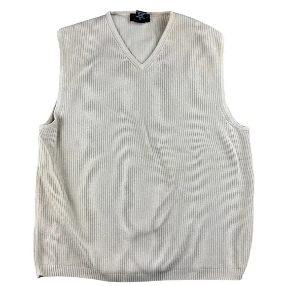 Eddie Bauer Sweater Vest Men M Cream Beige‎ 100% Mercerized Cotton Ribbed V-Neck