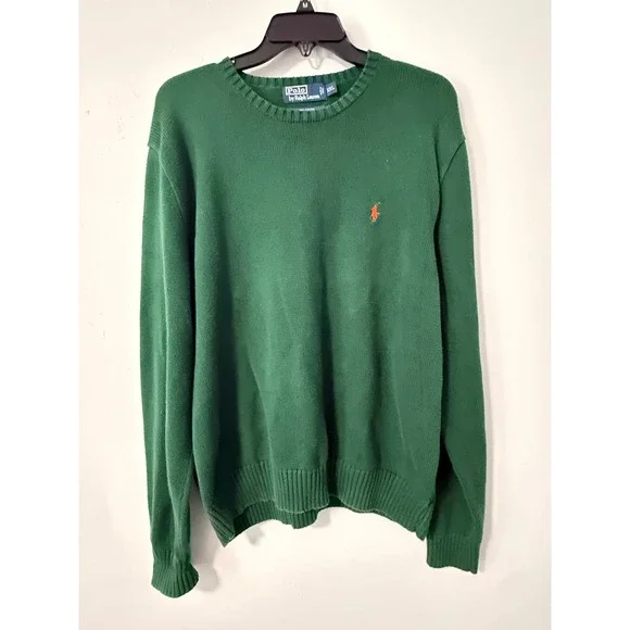 Polo Ralph Lauren Mens XXL Green Cotton Crewneck Sweater‎ Orange Pony Logo
