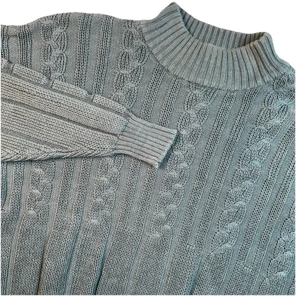 Henry Grethel Sweater Mens Medium Blue Grey Cable Knit Mock Neck Cotton Chunky