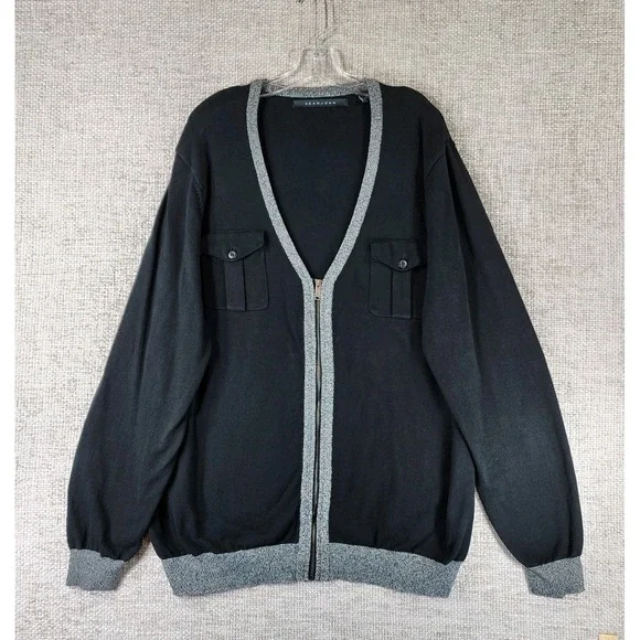 Sean John Zip‎ Cardigan Sweater Mens 3XL Black V-Neck Knit Cotton Pockets