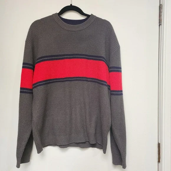 Sun River Mens XL Gray Waffle Knit Sweater Red Navy Stripe Crewneck 100% Acrylic