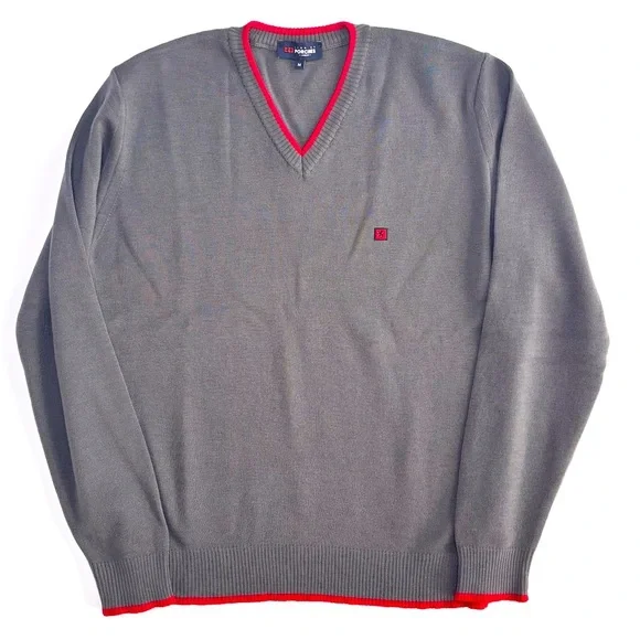 Lion of Porches‎ London Gray Wool V-Neck Sweater with Red Accents Medium