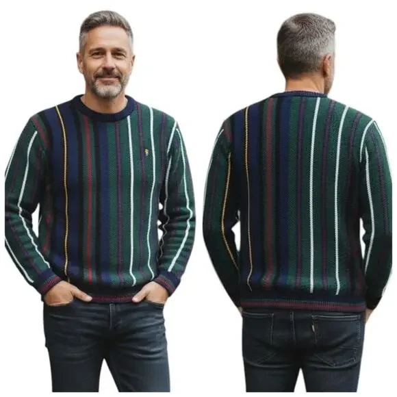 Chaps Ralph Lauren Vintage Stripe Rib Knit Sweater Made USA Size XL  F365