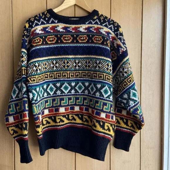 Men's Multicolor Patterned Crewneck Sweater - Navy Base
