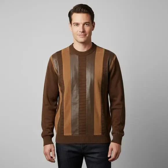 Vintage Cuzzens Leather Striped Sweater Mens Size XL Brown Merino Wool Very Rare