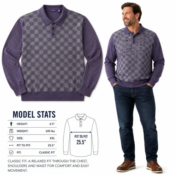 Alan Flusser Mens XXL Merino Wool Blend Purple Checkered LS Polo Sweater