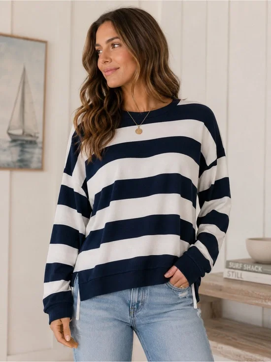 ⚓ Thread & Supply Navy & White Striped Oversized Sweater Small Coastal Nautical