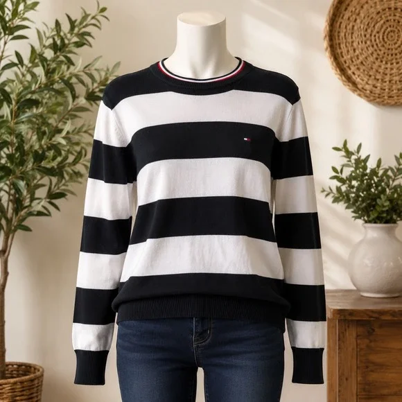 Tommy Hilfiger Mens XXL Striped Crewneck Sweater Navy White Cotton Knit Logo