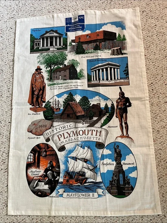Historic Plymouth Massachusetts Linen Tea Towel - Cream with Multi-Color