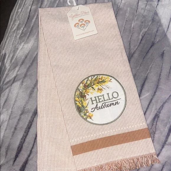 Hello Autumn Embroidered Hand Towel - Blush Stripe