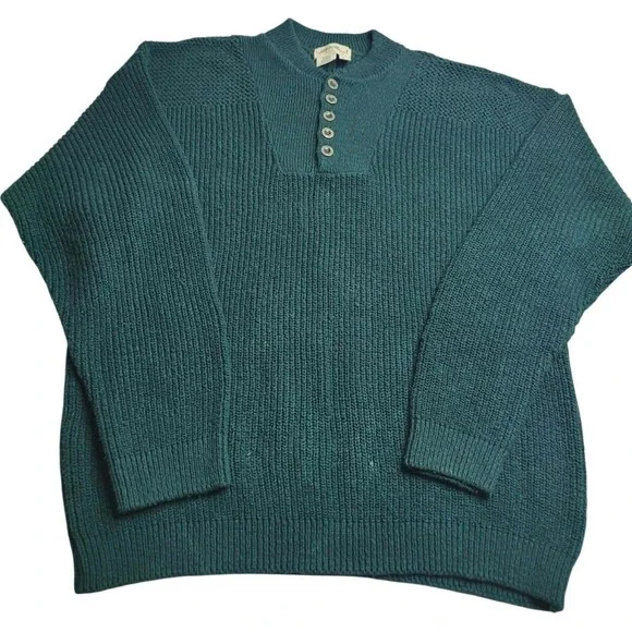 Vintage Eddie Bauer Sweater Mens XL Green Henley Fishermen Made In USA 90s