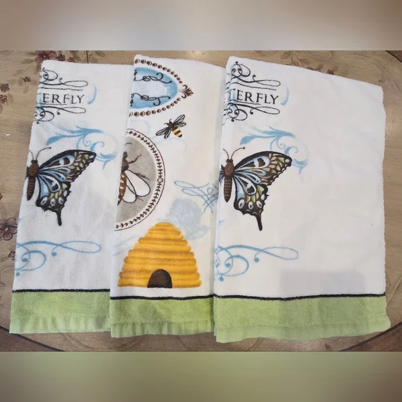 3pc Bees and Butterflies Hand Towels 100% Cotton