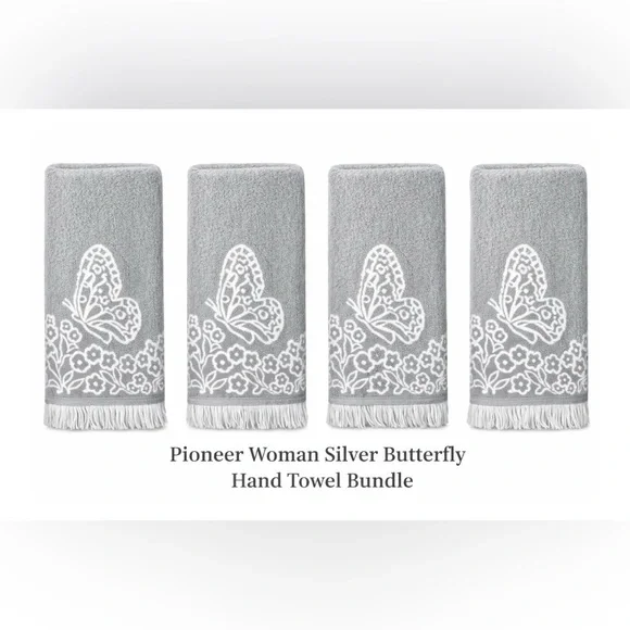 Pioneer Woman Silver Butterfly Hand Towel Bundle ( 8 hand towels)