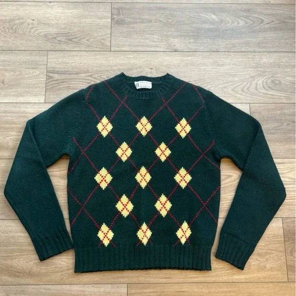 Vintage 60s Argyle Wool Sweater Aston Green Hand Framed Knit Men size‎ 38 (S/M?)