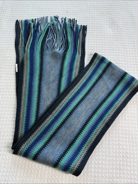 Blue and green striped knit scarf with fringe