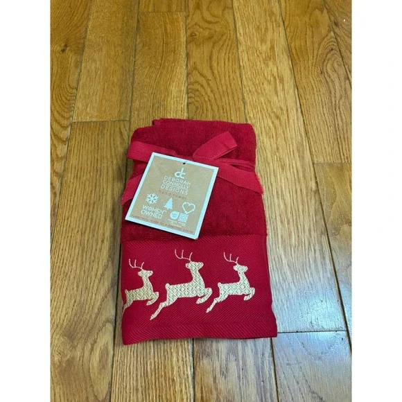 Deborah Connolly Designs Red Gold Reindeer Hand Towel Cotton Lyocell Christmas
