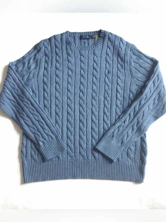 Polo Ralph Lauren Cable Knit Sweater Mens XL Blue Cotton Crewneck Preppy Classic