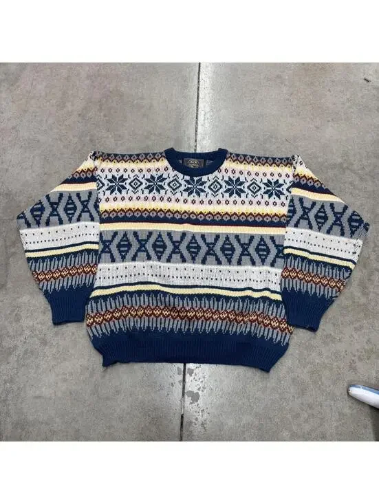 vintage bonjour white navy and yellow striped knit sweater size xl