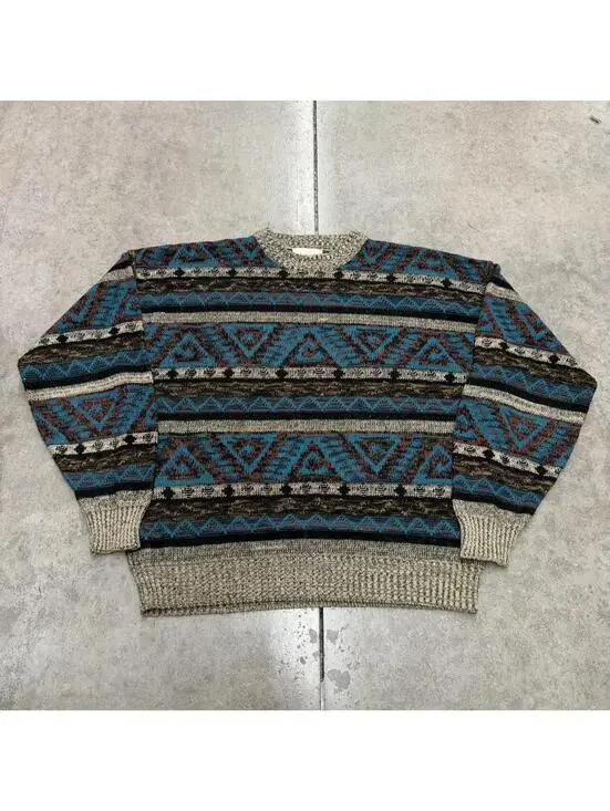 vintage beige blue and orange striped triangle knit sweater size xl
