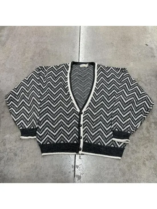 vintage boundary waters grey and white striped knit cardigan sweater size xl