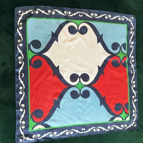 Vintage Geometric Square Scarf Blue Red Green White Scroll Border 100% Polyester