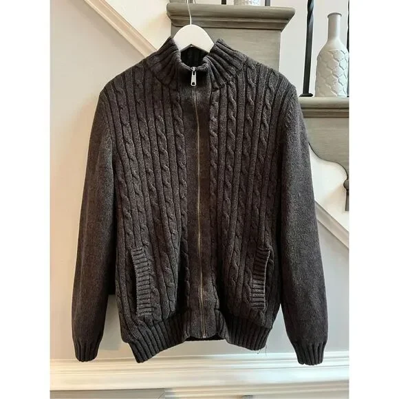 Vintage Boston Traders Brown/Black Fleece Lined Zip Up Cardigan Sweater sz L EUC
