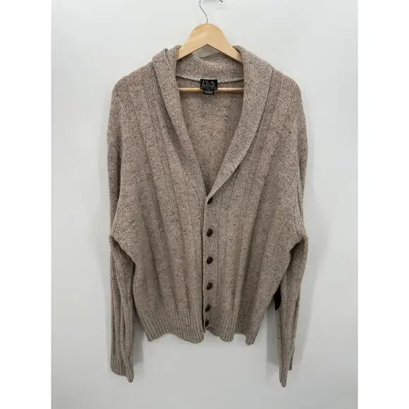 Jos A Bank Cardigan Sweater Shawl Collar Men XL Brown Lambswool Heritage Elbow‎