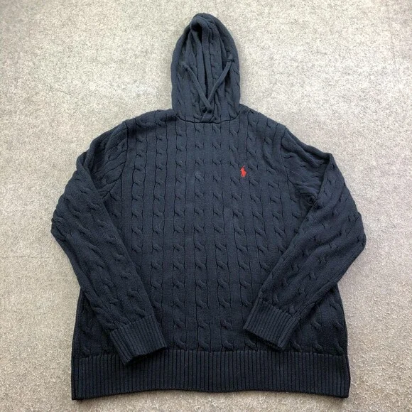 Polo Ralph Lauren Sweater Mens Large Blue Cable Knit Hooded Pullover Logo
