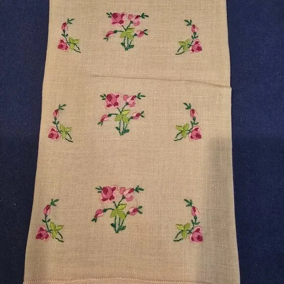 Hand Towel Beige Linen Embroidered Roses MCM 1950s Pink Green