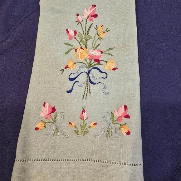 Hand Towel Blue-Green Linen Rose Bouquet Ribbons Embroidery 1950s MCM Vintage