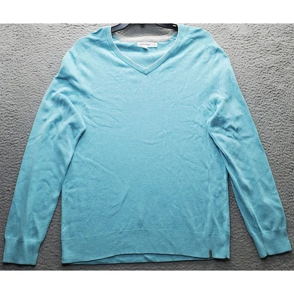 Calvin Klein Sweater Mens XL Blue Soft Knit Modal Blend Relaxed V-Neck Pullover‎