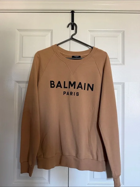 Balmain Camel Crewneck Sweatshirt with Black Logo