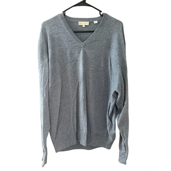 Peter Millar Mens XL V-Neck Sweater 100% Pure Cashmere Heather Blue Long Sleeve‎
