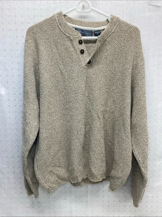 Oscar de la Renta Men's Beige Knit Henley Sweater Rugged Preppy Grandpacore USA
