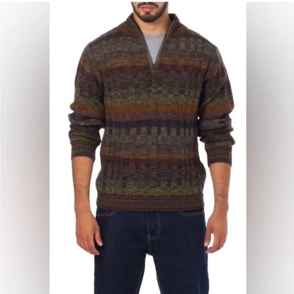 Novica Peruvian Quarter Zip Front 100% Alpaca Traveler Stripe Sweater Med