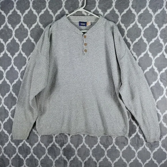 West Marine Natural Gear Sweater Men L Gray Oatmeal Cotton Henley Knit Pullover