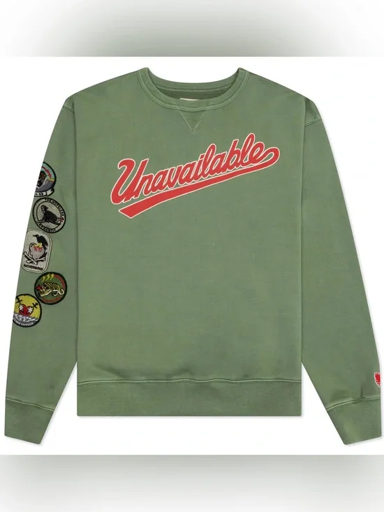 EMOTIONALLY UNAVAILABLE PATCHES CREWNECK SWEATER GREEN SIZE LARGE