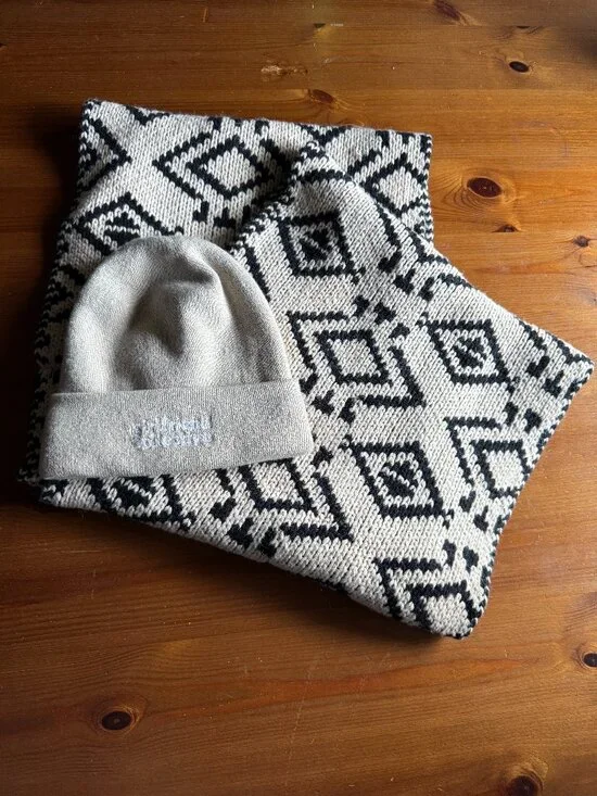 Girlfriend Collective Tan Beanie and Lucky Brand Black/Cream Infinity Scarf