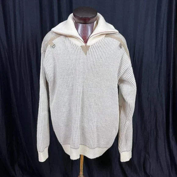 Men's Sweater Argentina Knit Leather Patches 1/8 Zip Size‎ L Off White Cream XL