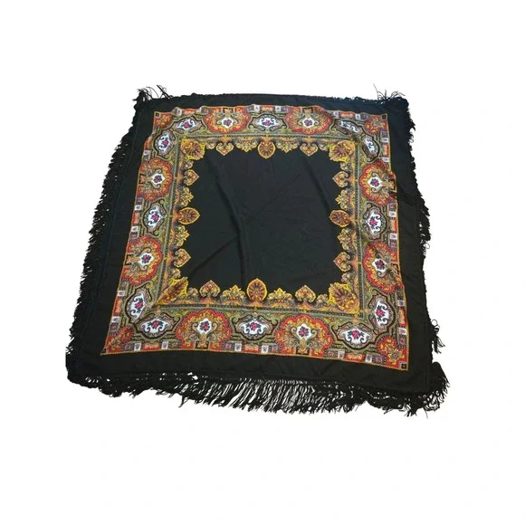 Vintage Black Paisley Floral Fringe Square Scarf Shawl Wrap Boho Folk Style