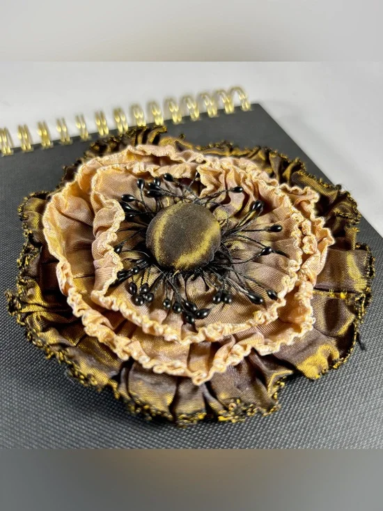 Layered Fabric Flower Brooch in Gold and Brown by Goody Goody
