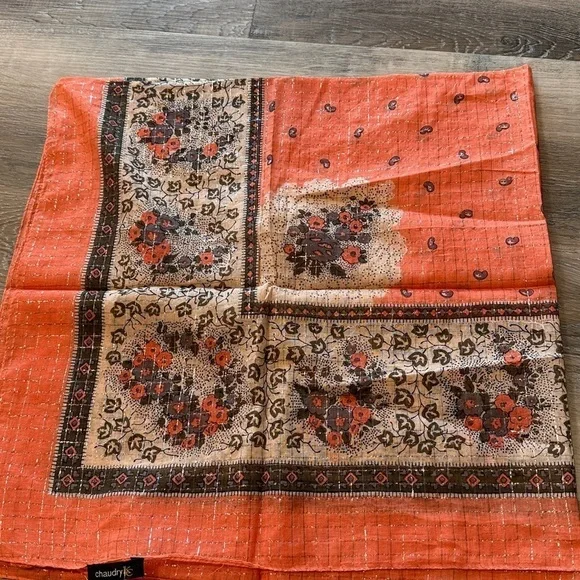 NWT Chaudry Orange Floral Patterned Scarf Sz 40 x 40