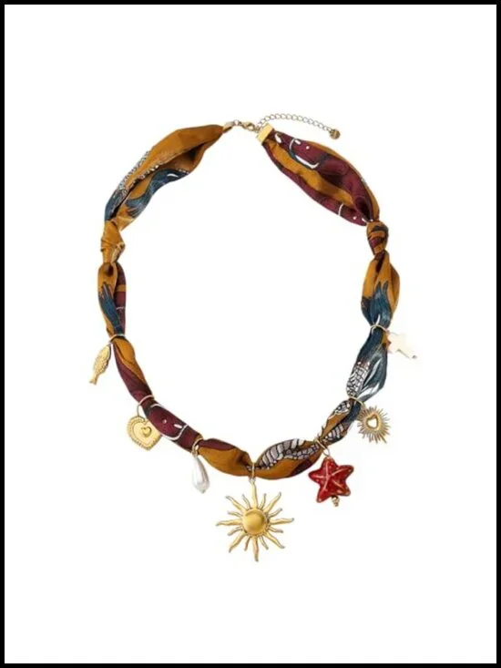 Fabric Scarf Necklace with Sun Shell Butterfly Flower Charms