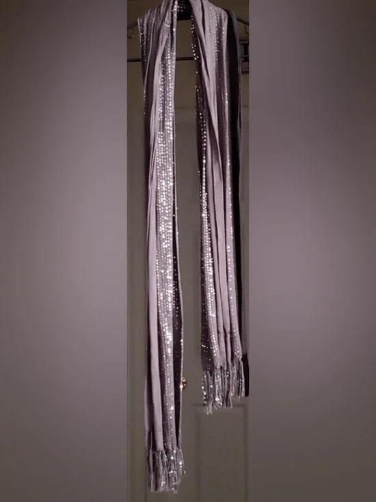 NY & Co Sequin Scarf Taupe Shimmer Fringe Evening Wrap