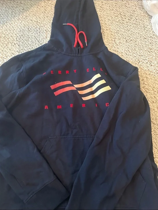Perry Ellis Navy Hoodie with Red and Yellow Graphic